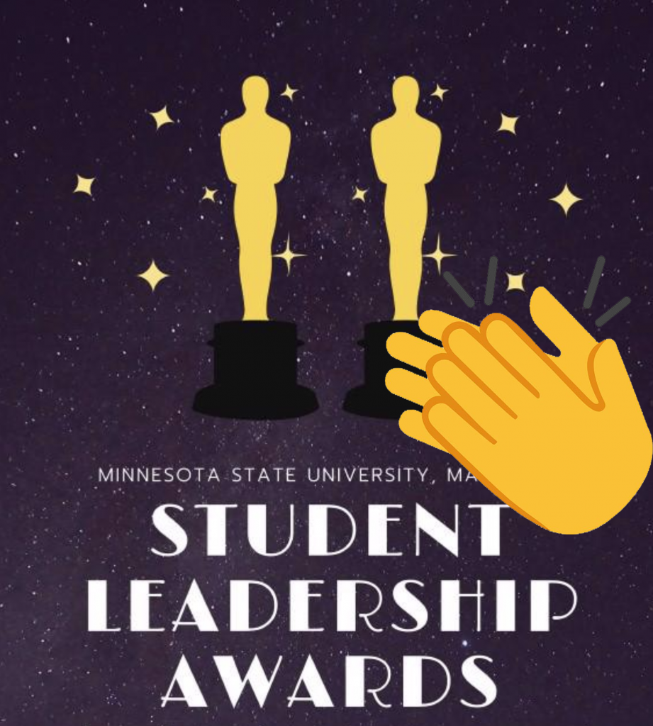Handclap emoji in front of award statues promoting Minnesota State University, Mankato and its 2020 Student Leadership Awards which will presented virtually through a Zoom Watch Party on April 19, 2020. 