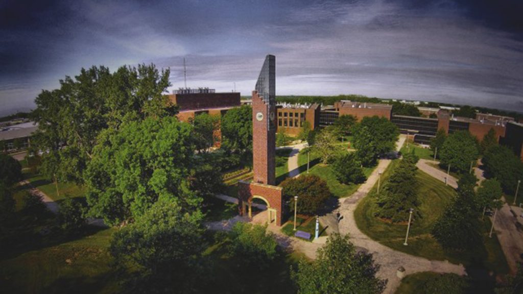 Aerial view of the Minnesota State Mankato campus featuring the iconic courtyard bell tower.