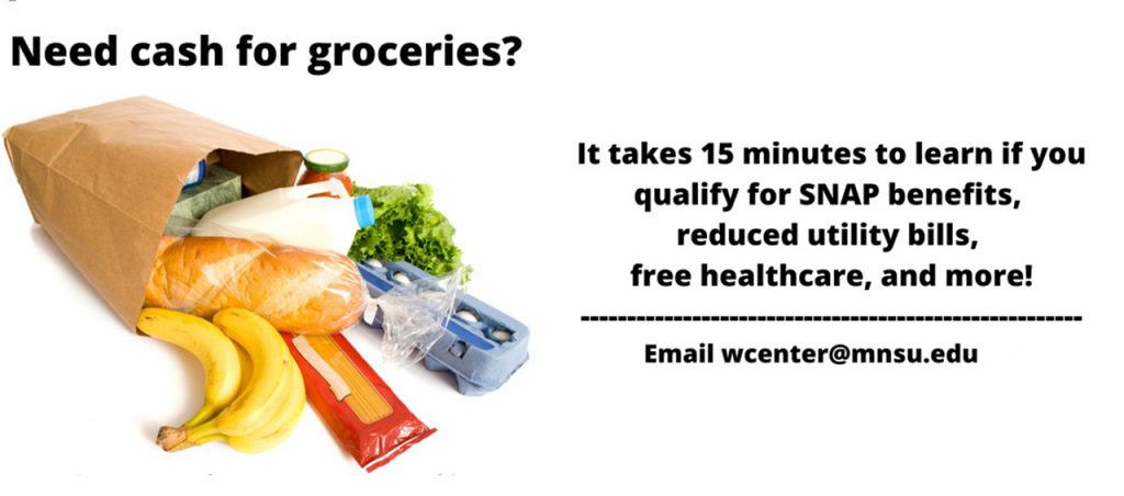Bag of groceries with heading "Need cash for groceries?" Take 15 minutes to qualify for SNAP benefits, reduced utility bills, free healthcare and more. Email wcenter@mnsu.edu