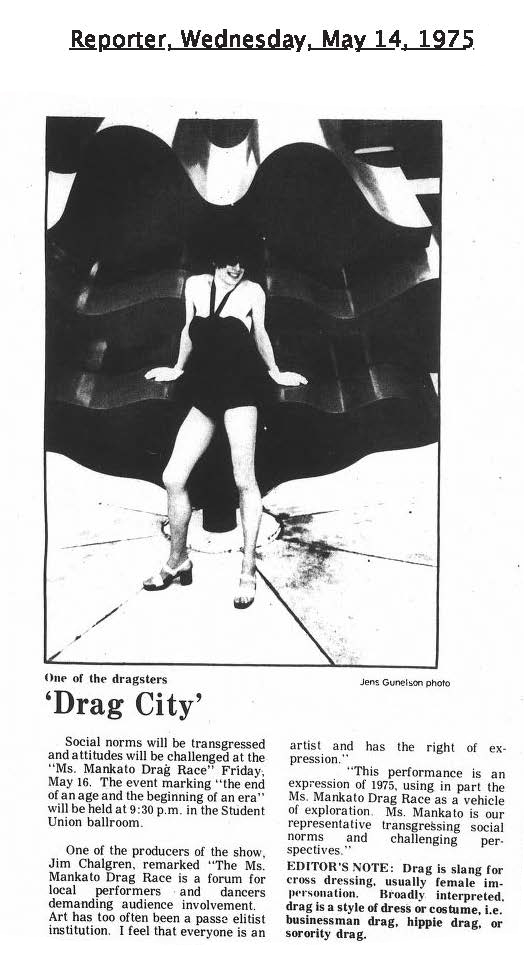 Photo of a performer at the first campus drag show in May 1975.
