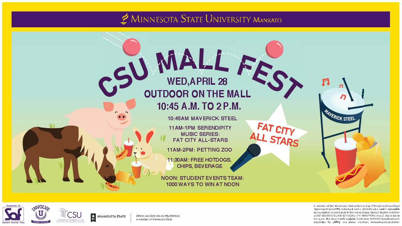 Cuddly Animals, Cover Songs, Steel Drums, Ping Pong Balls...And FREE  Hotdogs; It's CSU Mall Fest on April 28