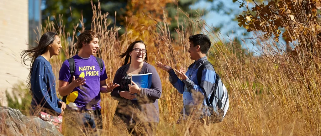 Two male and two female Native American students, one male student wearing a purple Native Pride t-shirt are talking and laughing in a tall field of prairie grass. 