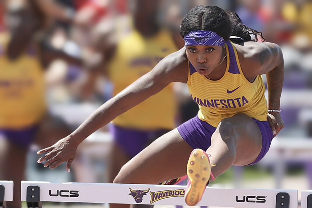 Closeup of Denisha Cartwright clearing a hurdle